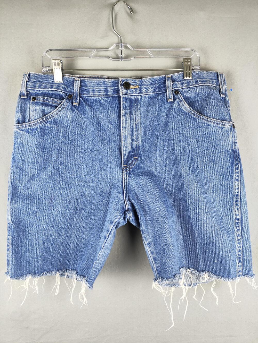 Dickies Shorts Mens 34 Blue Light Wash Denim Jean Cutoff Frayed Hem Casual